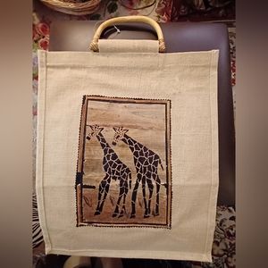 Jute Burlap Linen Gusseted Tote with Giraffe Motif 22" x 14"